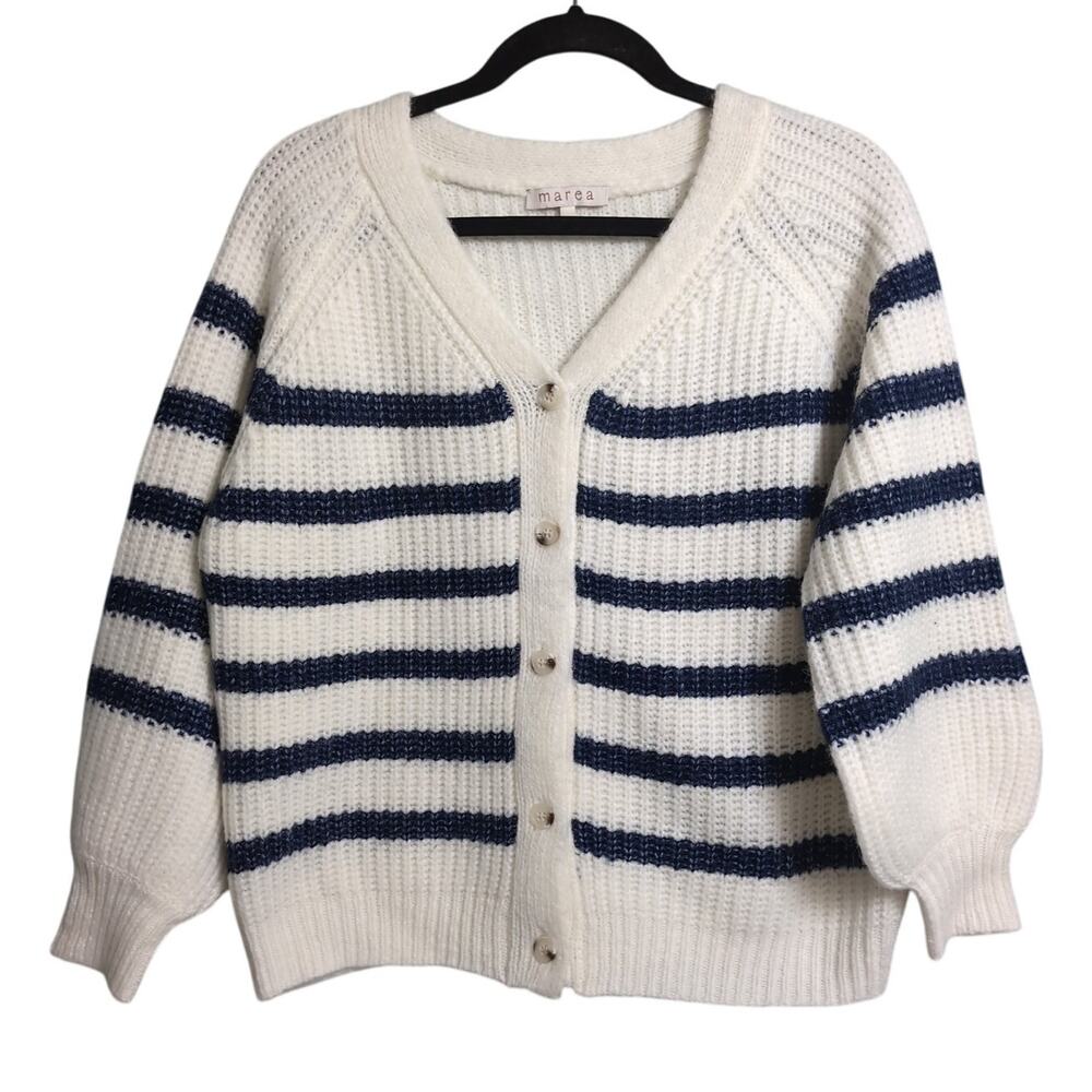 Marea Blue and White Striped V-Neck Cardigan Size S